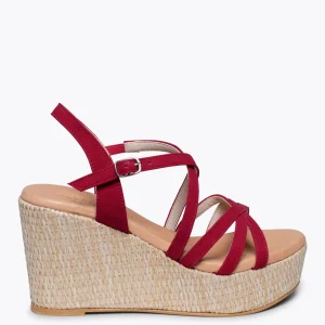 Esparto Y Alpargatas<miMaO Miconos Cuna Con Plataforma De Rafia Y Tiras Cruzadas Rojo