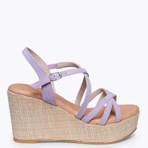 Esparto Y Alpargatas<miMaO Miconos Cuna Con Plataforma De Rafia Y Tiras Cruzadas Malva